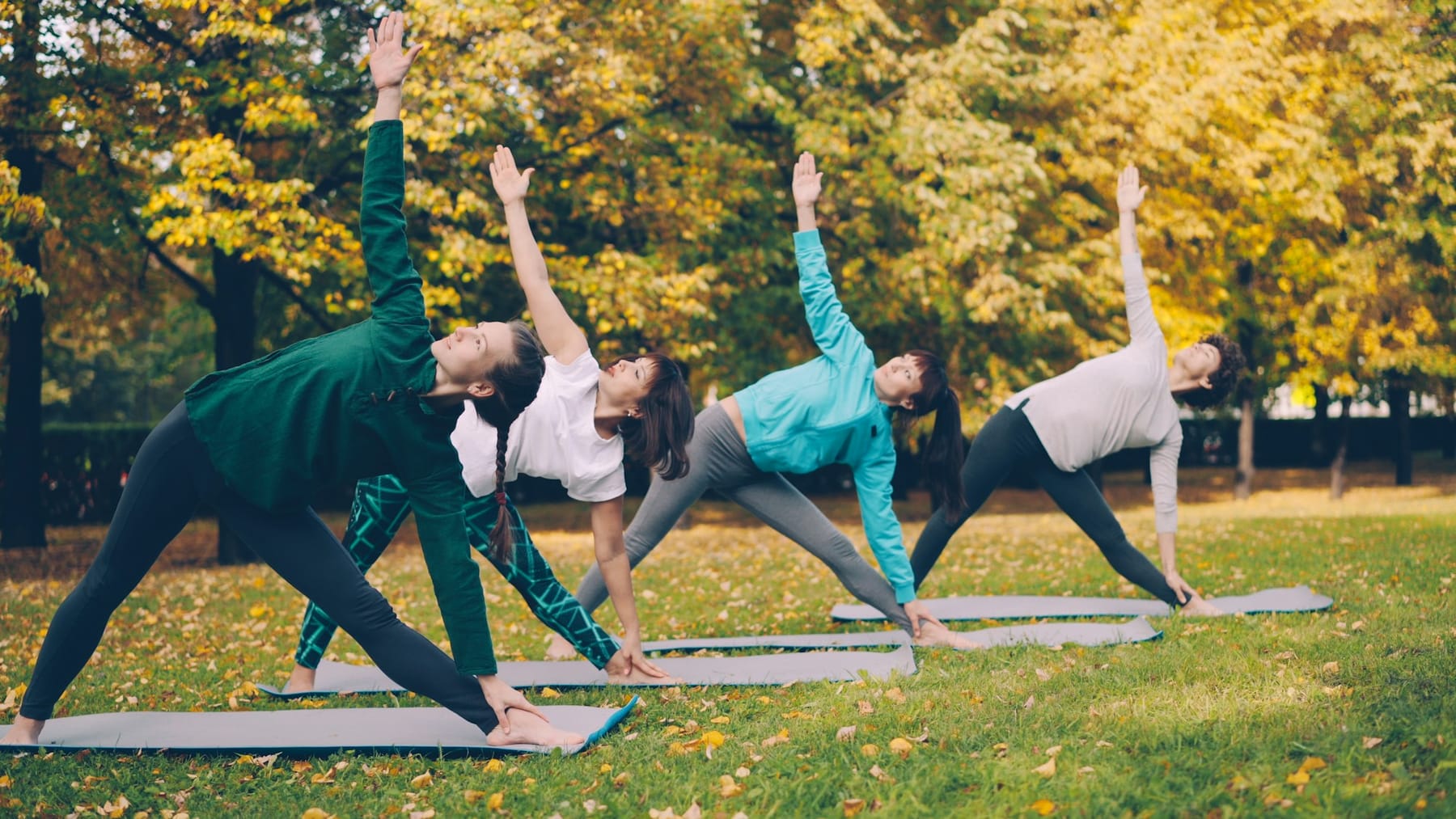 A small group practicing yoga together on mats in an autumn park