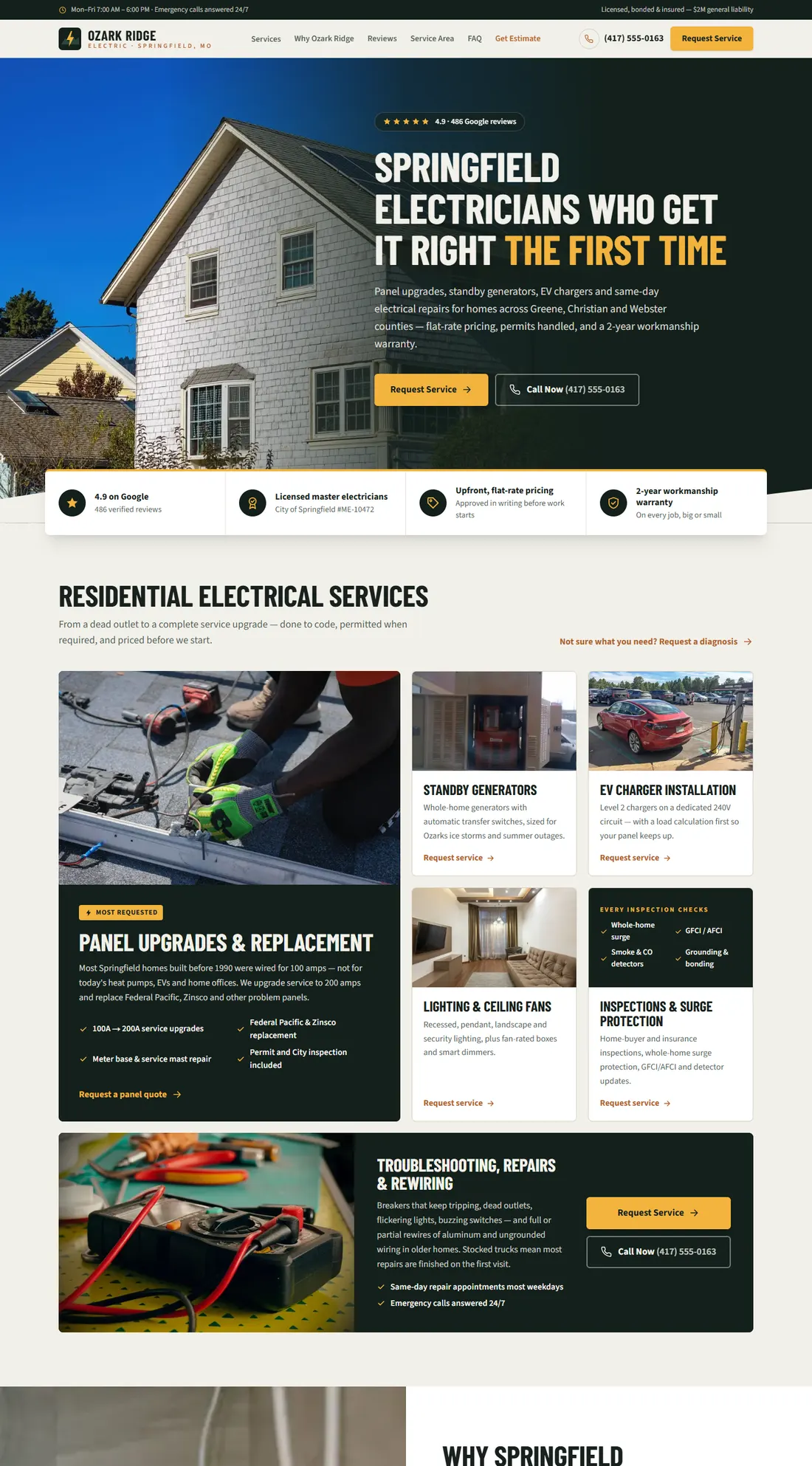Ozark Ridge concept: condensed yellow and white headline over a house photo, followed by a service mosaic