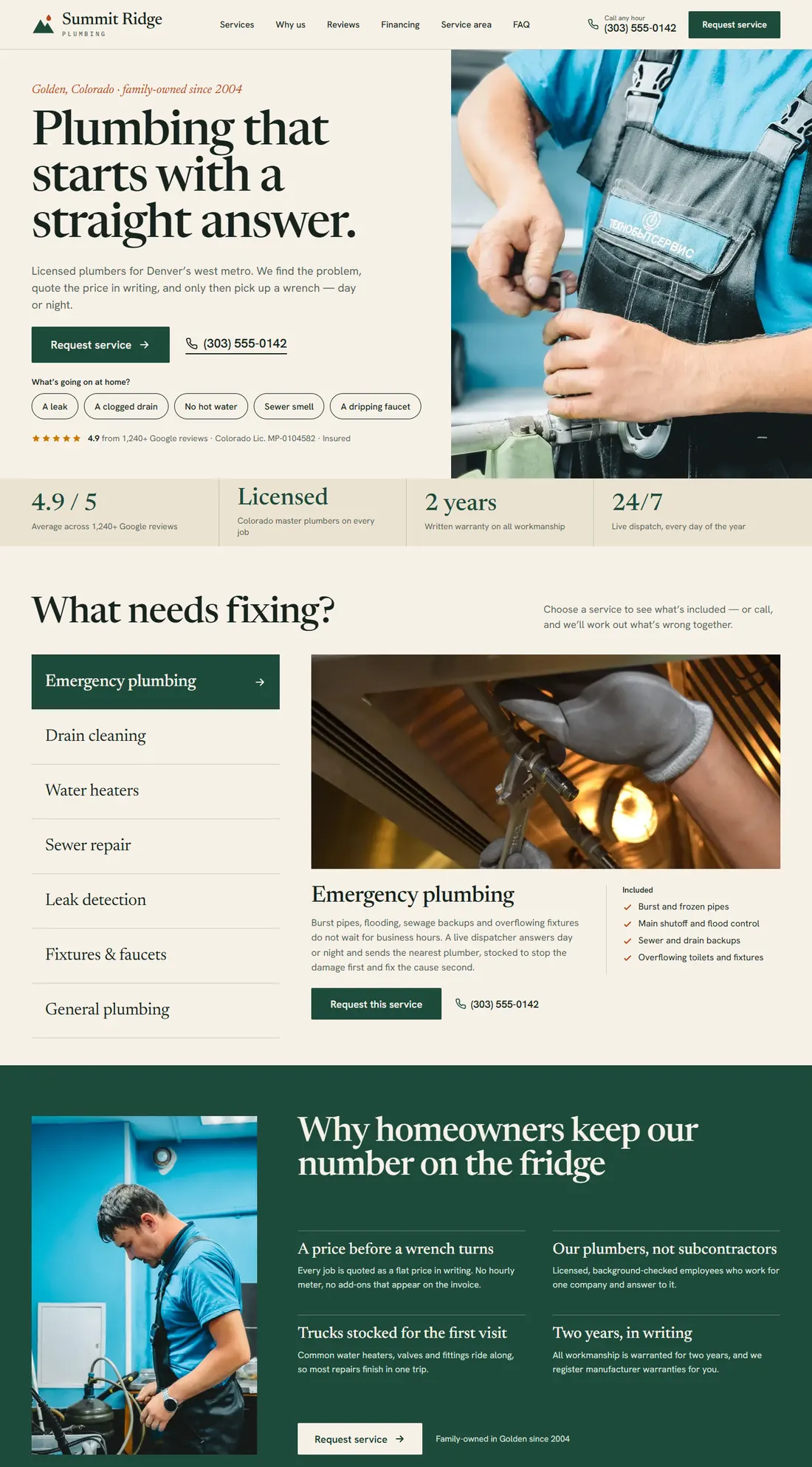Summit Ridge concept: a green serif headline beside a photo of a plumber, followed by a service chooser